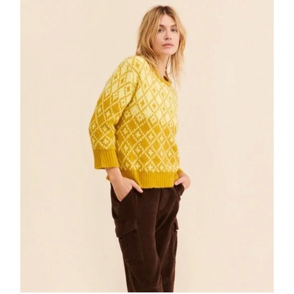 Maeve by Anthroplogie Siegfried Argyle Chartreuse Wool Blend Crew Neck Sweater M - Picture 1 of 10